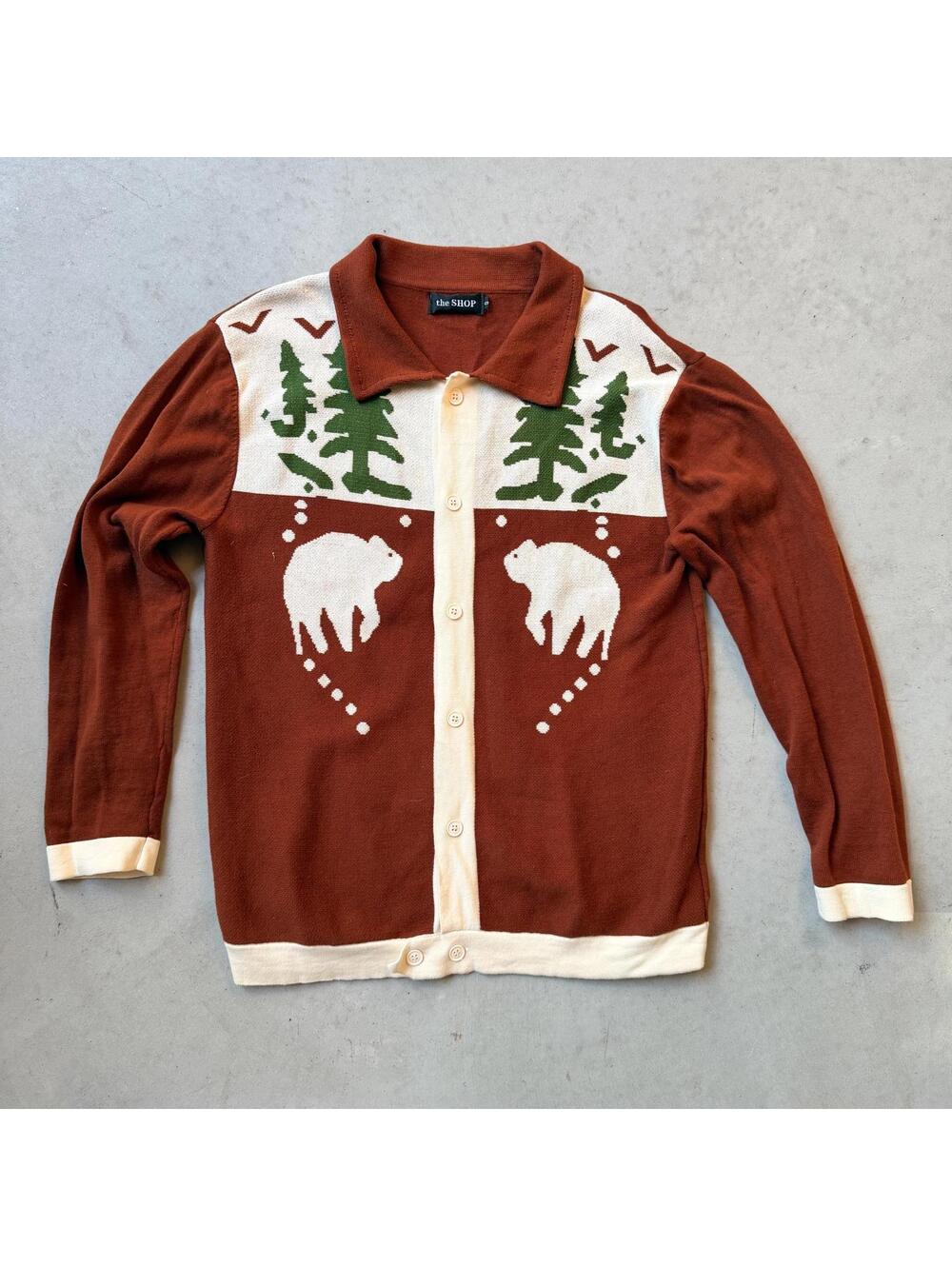 The Shop Men’s Bear Tree Knit Button-Front Sweater Shirt Brown Cream